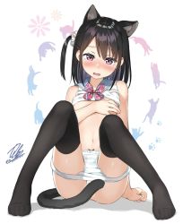 Rule 34 | 1girl, animal ears, animal print, arm support, artist name, bare arms, black hair, black thighhighs, blush, bow, bowtie, cat day, cat ears, cat print, cat tail, clothes lift, commentary request, convenient censoring, covering privates, covering breasts, embarrassed, feet, full body, hair ornament, hair scrunchie, head tilt, highres, kantoku, knees up, long hair, looking at viewer, navel, no bra, no pants, no shoes, nose blush, one side up, open mouth, original, panties, panty pull, paw print, paw print background, purple eyes, sailor collar, scrunchie, shirt, shirt lift, shizuku (kantoku), signature, sitting, sleeveless, sleeveless shirt, solo, tail, tail censor, tearing up, tears, thighhighs, underwear, white background, white panties, white scrunchie