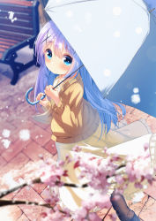 Rule 34 | 1girl, bench, blue eyes, blue hair, blue umbrella, blurry, blurry background, blurry foreground, blush, boots, branch, brown footwear, brown jacket, cherry blossoms, chinomaron, closed mouth, collarbone, commentary request, day, depth of field, frilled skirt, frills, gochuumon wa usagi desu ka?, hair between eyes, hair ornament, highres, holding, holding umbrella, jacket, kafuu chino, long hair, open clothes, open jacket, outdoors, park bench, shirt, signature, skirt, snowing, solo, twitter username, umbrella, very long hair, white shirt, white skirt, x hair ornament