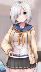 Rule 34 | 1girl, 1other, black skirt, blue eyes, blurry, blush, breasts, buttons, cardigan, cellphone, commentary request, depth of field, hair ornament, hair over one eye, hairclip, hamakaze (kancolle), highres, holding, holding phone, kantai collection, large breasts, long sleeves, looking at viewer, neckerchief, phone, pleated skirt, school uniform, serafuku, short hair, silver hair, skirt, smartphone, solo focus, tiemu (man190), yellow neckerchief