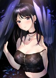 Rule 34 | 1girl, bare arms, bare shoulders, black eyes, black hair, black shirt, breasts, camisole, choker, cleavage, collarbone, crop top, curtains, earrings, holding, jewelry, large breasts, long hair, looking at viewer, midriff, navel, necklace, original, parted lips, plant, shirt, sleeveless, sleeveless shirt, solo, spaghetti strap, strap slip, takeashiro, upper body
