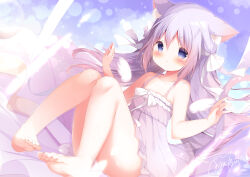 Rule 34 | 1girl, akatsuki (ytkg5558), animal ear fluff, animal ears, bare legs, barefoot, blue eyes, blush, cat ears, cat girl, cat tail, commentary request, detached wings, dress, flat chest, hair between eyes, hair ribbon, highres, long hair, looking at viewer, mini wings, original, parted lips, pigeon-toed, purple dress, purple hair, ribbon, sleeveless, sleeveless dress, soles, solo, sundress, tail, thick eyebrows, toenails, toes, white ribbon, white wings, wings