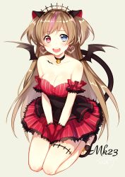 Rule 34 | 1girl, :d, artist name, bare legs, bare shoulders, black footwear, black wings, blue eyes, blush, breasts, bright pupils, brown hair, character name, cleavage, collarbone, cross, demon girl, demon tail, demon wings, dress, earrings, full body, girls&#039; frontline, gloves, green background, hair ornament, heart, heart earrings, heterochromia, highres, jewelry, kneeling, leafwow, long hair, looking at viewer, medium breasts, mk23 (girls&#039; frontline), multicolored hair, open mouth, own hands together, pink hair, red eyes, red gloves, round teeth, sandals, simple background, smile, solo, strapless, strapless dress, streaked hair, striped clothes, striped dress, tail, tareme, teeth, thigh strap, two side up, v arms, vertical-striped clothes, vertical-striped dress, very long hair, wings