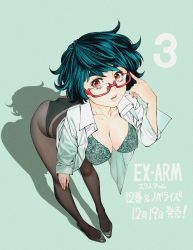 Rule 34 | 1girl, adjusting eyewear, aqua theme, ass, bent over, black footwear, blue background, blue bra, blue hair, blue panties, blue theme, bra, breasts, cleavage, collarbone, commentary request, copyright name, dress shirt, ex-arm, eyebrows, glasses, hand on own knee, high heels, highres, kamaishi (ex-arm), komi shin&#039;ya, large breasts, leaning forward, legs, looking at viewer, medium breasts, official art, open clothes, open shirt, panties, panties under pantyhose, pantyhose, parted lips, red-framed eyewear, red eyes, shadow, shirt, short hair, solo, standing, thighs, underwear, white shirt