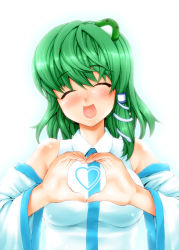 Rule 34 | 1girl, breasts, closed eyes, detached sleeves, female focus, gradient background, green hair, heart, heart hands, kanzume, kochiya sanae, solo, touhou, upper body, white background