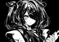 Rule 34 | 1girl, absurdres, ame-chan (needy girl overdose), black background, commentary request, greyscale, hair ornament, hair over one eye, highres, holding, holding phone, kyua moto, long hair, looking at viewer, monochrome, nail polish, neck ribbon, needy girl overdose, parted lips, phone, ribbon, shirt, solo, twintails, upper body, x hair ornament