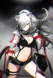 Rule 34 | 1girl, animal ears, arknights, arrow (projectile), bag, belt pouch, black shirt, black shorts, breasts, cat ears, cat tail, chromatic aberration, cleavage, crop top, duffel bag, floating hair, garter straps, gradient hair, highres, jacket, large breasts, long hair, long sleeves, looking at viewer, midriff, multicolored hair, nanam (nanam sk), navel, open clothes, open fly, open jacket, ponytail, pouch, quiver, schwarz (arknights), see-through, shirt, short shorts, shorts, silver hair, skindentation, solo, stomach, tail, thigh strap, thighs, yellow eyes