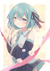 Rule 34 | 1girl, absurdres, alternate hair length, alternate hairstyle, blue eyes, blue hair, blush, collared shirt, commentary, detached sleeves, flower, frilled shirt collar, frills, hair ribbon, hand on own chest, hatsune miku, highres, long sleeves, looking at viewer, necktie, pleated skirt, ribbon, shirt, short hair, skirt, sleeveless, sleeveless shirt, smile, solo, striped ribbon, vocaloid, yomiya yumeha