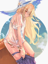 Rule 34 | 1girl, absurdres, alternate costume, bikini, blonde hair, blue sky, blush, breasts, cloud, cloudy sky, commentary, cowboy shot, dark-skinned female, dark skin, flower, grey background, hair between eyes, hat, hat flower, highres, hololive, long hair, looking at viewer, medium breasts, midriff, multicolored hair, navel, open mouth, pointy ears, red eyes, see-through, shiranui flare, shirt, silver hair, simple background, sky, solo, straight hair, streaked hair, sun hat, swimsuit, tan, thigh strap, thighs, tsumeki, two-tone hair, virtual youtuber, white bikini, white hat
