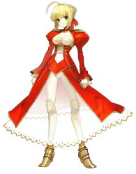 Rule 34 | 10s, 1girl, absurdres, armor, armored boots, blonde hair, boots, breasts, detached sleeves, dress, epaulettes, fate/extra, fate (series), full body, gold trim, greaves, green eyes, highres, knee boots, long sleeves, medium breasts, nero claudius (fate), nero claudius (fate) (all), nero claudius (fate/extra), official art, panties, puffy sleeves, scan, see-through, simple background, solo, turtleneck, underwear, wada arco, white background, white panties