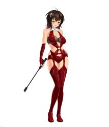 Rule 34 | 1girl, absurdres, bdsm, brown hair, cle masahiro, dominatrix, fingerless gloves, full body, gloves, hair ornament, highres, holding, navel, o-ring, official art, short hair, simple background, smile, solo, valkyrie drive, valkyrie drive -siren-, vivian sinclair, white background, yellow eyes