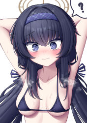 Rule 34 | 1girl, ?, @ @, absurdres, armpits, arms behind head, arms up, black hair, blue archive, blue hairband, blush, breasts, collarbone, hair between eyes, hairband, halo, highres, long hair, looking at viewer, medium breasts, metaljelly, solo, steam, sweat, twintails, ui (blue archive), upper body, very long hair