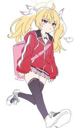 Rule 34 | 1girl, black thighhighs, blonde hair, blue archive, blush stickers, brown eyes, frown, hair ribbon, halo, ixy, jacket, long sleeves, medium hair, pink skirt, red jacket, ribbon, shoes, simple background, skirt, sneakers, solo, thighhighs, thighs, twintails, walking, white background, white footwear, white ribbon, yellow halo, yoshimi (blue archive), zettai ryouiki