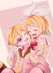 Rule 34 | 1boy, 1girl, :d, ;d, ^ ^, ahoge, bass clef, blonde hair, blue eyes, bow, brother and sister, cardigan, cheek-to-cheek, closed eyes, food, hair bow, hair ornament, hairclip, happy, headphones, heads together, headset, heart, highres, kagamine len, kagamine rin, kanato 1227, necktie, number tattoo, off-shoulder sweater, off shoulder, one eye closed, open clothes, open mouth, roasted sweet potato, robe slip, sailor collar, sharing, short ponytail, shorts, shoulder tattoo, siblings, smile, sweater, sweet potato, swept bangs, tattoo, treble clef, twins, twitter username, vocaloid, white bow, yellow necktie
