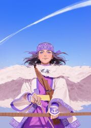 Rule 34 | 1girl, arrow (projectile), asirpa, bad id, bad twitter id, black hair, blue sky, bow (weapon), cape, earrings, floating hair, fur cape, golden kamuy, gotong 4, hairband, headband, holding, holding arrow, holding bow (weapon), holding weapon, jewelry, looking ahead, purple hairband, sky, smile, solo, upper body, weapon