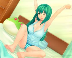 Rule 34 | 1girl, armpits, arms up, bad id, bad pixiv id, barefoot, bed, blush, breasts, cameltoe, cleavage, dutch angle, feet, green eyes, green hair, kochiya sanae, large breasts, long hair, matching hair/eyes, one eye closed, open mouth, panties, pillow, sitting, sleepy, solo, stretching, striped clothes, striped panties, stuffed toy, tears, tonoa, touhou, underwear, waking up, yawning