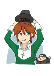 Rule 34 | 1boy, 1girl, 4chan, 8chan, absurdres, ahoge, black eyes, black hair, blue eyes, braid, brown hair, christ-chan, cross, dress, eyebrows, fedora, green dress, hat, highres, jewelry, long hair, necklace, necktie, open mouth, shirt, short hair, simple background, tongue, tongue out