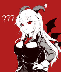 Rule 34 | 1girl, ?, ??, absurdres, black vest, breasts, chibi, closed mouth, colored skin, demon girl, demon horns, demon wings, expressionless, formal, funamusea, grey suit, haiiro teien, hands on own hips, highres, horn piercing, horns, kanoko2.0, large breasts, long hair, multiple wings, necktie, red background, red eyes, red necktie, reficul (funamusea), simple background, sketch, solo, striped suit, suit, vest, white hair, white skin, wings