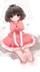 Rule 34 | 1girl, :o, animal ears, bad id, bad pixiv id, barefoot, black hair, brown eyes, carrot necklace, dress, dutch angle, faux traditional media, frilled skirt, frills, full body, inaba tewi, layered dress, looking at viewer, maccha cocoa (mococo), necklace, pink dress, puffy short sleeves, puffy sleeves, rabbit ears, rabbit girl, rabbit tail, short hair, short sleeves, simple background, sitting, skirt, solo, tail, touhou, white background