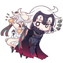 Rule 34 | 2girls, aged down, ahoge, armor, bell, beni shake, blonde hair, blush, cape, chibi, fate/grand order, fate (series), hair ribbon, headpiece, jeanne d&#039;arc (fate), jeanne d&#039;arc (ruler) (fate), jeanne d&#039;arc alter (avenger) (fate), jeanne d&#039;arc alter (avenger) (first ascension) (fate), jeanne d&#039;arc alter (fate), jeanne d&#039;arc alter santa lily (fate), long hair, looking at another, multiple girls, ribbon, simple background, smile, white background, yellow eyes