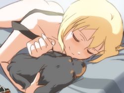 Rule 34 | 1girl, ass, bad id, bad pixiv id, bed, blonde hair, blush, bottomless, dog, erica hartmann, closed eyes, kisetsu, pillow, short hair, sleeping, smile, solo, strike witches, tank top, world witches series