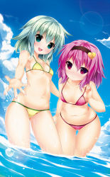 Rule 34 | 2girls, adjusting clothes, adjusting swimsuit, bare shoulders, bent over, bikini, blue sky, blush, breasts, cloud, collarbone, day, dutch angle, female focus, green eyes, hairband, heart, highres, komeiji koishi, komeiji satori, lens flare, looking at viewer, multiple girls, navel, nironiro, ocean, open mouth, outdoors, outstretched hand, pink bikini, pink eyes, pink hair, siblings, silver hair, sisters, sky, small breasts, smile, strap pull, swimsuit, teeth, thigh gap, touhou, wading, water, wet, yellow bikini