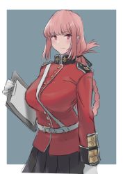 Rule 34 | 1girl, absurdres, belt, black skirt, blush, braid, braided ponytail, breasts, chikoku no oni, clipboard, commentary request, fate/grand order, fate (series), florence nightingale (fate), gloves, grey background, hair ribbon, highres, holding, holding clipboard, jacket, large breasts, long hair, long sleeves, looking at viewer, military, military uniform, pink hair, pleated skirt, red eyes, red jacket, ribbon, skirt, smile, solo, uniform, white background, white gloves