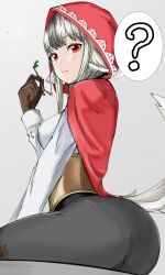 Rule 34 | 1girl, ?, animal ears, ass, black hair, brown gloves, cat neko cat, fire emblem, fire emblem fates, gloves, grey hair, highres, looking at viewer, looking back, multicolored hair, nintendo, pantylines, red eyes, red hood, simple background, solo, streaked hair, tail, velouria (fire emblem), wolf ears, wolf girl, wolf tail