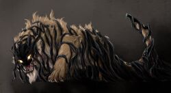 Rule 34 | absurdres, alternate species, animal focus, claws, dream tiger (govy9807), fangs, flaming eyes, highres, monster focus, no humans, open mouth, original, shadow, sharp teeth, swetrain4, teeth, tiger, tiger stripes, yellow eyes