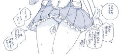 Rule 34 | 1girl, clenched hand, cowboy shot, female focus, flying sweatdrops, frilled skirt, frilled sleeves, frills, gluteal fold, greyscale, have to pee, japanese text, kantai collection, kashima (kancolle), koorimizu, long sleeves, lower body, miniskirt, monochrome, panties, pantyshot, pleated skirt, polka dot, polka dot panties, simple background, skirt, solo, speech bubble, sweat, talking, text focus, translation request, underwear, upskirt, white background