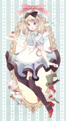 Rule 34 | 1girl, ace (playing card), ace of hearts, alice (alice in wonderland), alice in wonderland, black bow, black socks, blue dress, blush, bow, cake, card, cookie, cup, dessert, dress, edamame 888, empty picture frame, flower, food, fork, fruit, grey eyes, hair bow, hair ornament, hairclip, hat, heart, high heels, highres, holding, holding card, holding plate, knife, long hair, open mouth, paint splatter, paintbrush, picture frame, pink ribbon, plate, playing card, red footwear, ribbon, rose, socks, solo, strawberry, strawberry shortcake, tea, teacup, teapot, top hat, trim brush, utensil, white flower, white rose