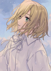 Rule 34 | 1boy, blue sky, cloud, collared shirt, day, dress shirt, fate/extra, fate (series), green eyes, hair between eyes, highres, karokuchitose, leonard bistario harway, looking away, male focus, neck ribbon, outdoors, parted lips, ribbon, shirt, sky, solo, upper body, white ribbon, white shirt