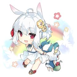 Rule 34 | 2girls, :d, ahoge, animal ears, arm behind back, artist request, blue bow, blue bowtie, blue choker, blue dress, blush, bow, bowtie, bracelet, brown footwear, chibi, choker, coconut cup, crossover, djmax, dress, drinking straw, fairy (girls&#039; frontline), flower, flower request, full body, girls&#039; frontline, hair between eyes, hair flower, hair ornament, hand on own arm, jewelry, looking at viewer, multiple girls, official art, open mouth, rabbit ears, rabbit tail, rainbow, red eyes, red flower, sandals, short hair, simple background, slit pupils, smile, standing, standing on one leg, suee, tail, teeth, third-party source, transparent background, upper teeth only, white dress, white flower, white hair, yellow flower, | |