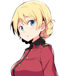 Rule 34 | 1girl, blonde hair, blue eyes, chikuwa (majihima), coat, darjeeling (girls und panzer), girls und panzer, looking to the side, open mouth, red coat, simple background, solo, st. gloriana&#039;s military uniform, white background
