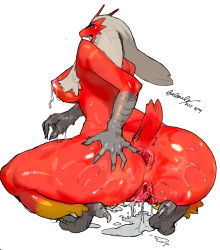 Rule 34 | 1girl, anus, artist name, ass, bebebe, blaziken, breasts, claws, creatures (company), dated, female focus, from behind, full body, furry, furry female, game freak, gen 3 pokemon, grey hair, hand on own ass, highres, huge ass, lactation, large breasts, long hair, looking back, nintendo, nipples, nude, open mouth, orange eyes, pokemon, pokemon (creature), puddle, pussy, pussy juice, saliva, shiny skin, signature, solo, spread anus, spread legs, squatting, sweat, thick thighs, thighs, uncensored