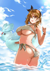 Rule 34 | 1girl, absurdres, ass, atelier (series), atelier ryza, atelier ryza 2, bikini, blue sky, bracelet, breasts, brown eyes, brown hair, butt crack, choker, cloud, day, feet out of frame, hairband, highres, holding, holding swim ring, innertube, jewelry, large breasts, looking at viewer, noazzark, open mouth, outdoors, reisalin stout, short hair, side-tie bikini bottom, sky, solo, swim ring, swimsuit, thick thighs, thighs, twisted torso, underboob, water, white bikini