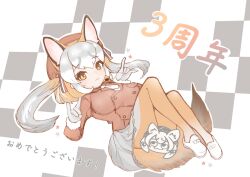 Rule 34 | 1girl, animal ears, brown eyes, brown hair, extra ears, fox ears, fox girl, fox tail, gloves, grey hair, hat, highres, island fox (kemono friends), jacket, kanihai, kemo24v, kemono friends, kemono friends v project, looking at viewer, microphone, necktie, pantyhose, ribbon, shoes, simple background, skirt, tail, twintails, virtual youtuber