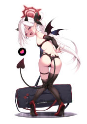 Rule 34 | 1girl, alternate costume, ass, asymmetrical legwear, back, bag, bare shoulders, bikini, black bikini, black footwear, blue archive, blush, breasts, commentary, demon girl, demon horns, demon tail, demon wings, fang, from behind, full body, gloves, halloween, heart, high heels, highres, holding, holding bag, horns, long hair, looking at viewer, looking back, mutsuki (blue archive), nail polish, open mouth, pink eyes, pointy ears, red nails, simple background, small breasts, smile, solo, spoken heart, standing, swimsuit, tail, thigh strap, thighhighs, very long hair, white background, white hair, wings, yaosera