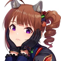 Rule 34 | 1girl, ahoge, animal ears, black gloves, black shirt, brown hair, closed mouth, commentary, drill hair, frilled sleeves, frills, gloves, hair ribbon, hands on own face, idol, idolmaster, idolmaster million live!, kamille (vcx68), long sleeves, looking at viewer, medium hair, purple eyes, ribbon, shirt, side drill, side ponytail, sidelocks, simple background, smile, solo, white background, wolf ears, yokoyama nao
