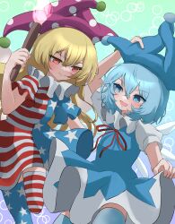 Rule 34 | 2girls, :d, absurdres, american flag dress, american flag legwear, blonde hair, blue background, blue dress, blue hair, blue headwear, blue thighhighs, cirno, closed mouth, clownpiece, commentary, dress, gradient background, green background, hand on headwear, hat, highres, holding, holding torch, jester cap, long hair, looking at another, mikan (manmarumikan), multicolored clothes, multiple girls, open mouth, polka dot headwear, purple headwear, red eyes, smile, star (symbol), star print, striped clothes, striped dress, striped thighhighs, thighhighs, torch, touhou