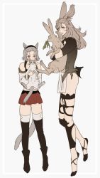 Rule 34 | 2girls, animal, animal ears, warrior of light (ff14), bad id, bad twitter id, brown hair, cat, cat ears, cat tail, detached sleeves, djawl8815, facial mark, fictional persona, final fantasy, final fantasy xiv, grey hair, hairband, highres, holding, holding animal, leaf, light blush, long hair, looking at viewer, miniskirt, miqo&#039;te, multiple girls, pelvic curtain, rabbit, rabbit ears, red skirt, simple background, skirt, tail, thighhighs, tiptoes, viera, whisker markings