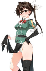 Rule 34 | 1girl, bad id, bad twitter id, black gloves, black legwear, blush, breasts, brown eyes, brown hair, commentary request, elbow gloves, gloves, hair ribbon, hand on own hip, highres, kantai collection, long hair, medium breasts, military, military uniform, open mouth, pelvic curtain, red neckwear, ribbon, short sleeves, simple background, single elbow glove, single glove, skindentation, solo, sweat, tone (kancolle), tone kai ni (kancolle), twintails, uniform, white background, white ribbon, yoshi tama