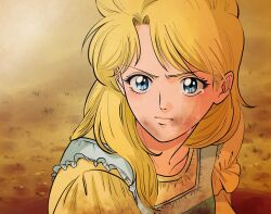 Rule 34 | 1girl, blonde hair, blue eyes, commentary request, crying, dirty, dirty clothes, dirty face, erina pendleton, highres, jojo no kimyou na bouken, meme, mugicha (zoro1132), phantom blood, portrait, sailor moon redraw challenge (meme), solo, streaming tears, tears