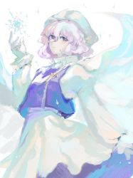 Rule 34 | 1girl, blue vest, cape, commentary, gloves, hat, highres, juliet sleeves, letty whiterock, long sleeves, looking at viewer, nixyaooooon, one-hour drawing challenge, puffy sleeves, purple eyes, purple hair, shirt, short hair, skirt, smile, snowflakes, solo, sparkle, touhou, trident ornament, turtleneck, vest, white cape, white gloves, white hat, white shirt, white skirt