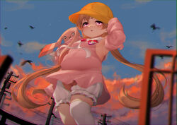 Rule 34 | 1girl, asymmetrical legwear, bird, bloomers, blurry, blurry foreground, blush, breasts, brooch, chromatic aberration, commentary request, crotchless, crotchless bloomers, detached sleeves, dress, feet out of frame, hat, heart, heart brooch, highres, holding, jewelry, light brown hair, long hair, looking at viewer, low twintails, motion blur, ne an ito, outdoors, pink dress, pink sleeves, plump, power lines, single thighhigh, sky, small breasts, solo, tareme, thighhighs, tsukuyomi ai, twintails, underwear, very long hair, voiceroid, white bloomers, yellow hat