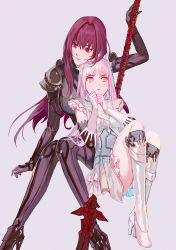 Rule 34 | 2girls, armor, black bodysuit, black sleeves, bodysuit, boots, brown hair, closed mouth, daeraeband, detached sleeves, dress, fate/grand order, fate (series), gae bolg (fate), grey background, hair intakes, high heel boots, high heels, layered dress, long hair, long sleeves, medb (fate), multiple girls, pink hair, red eyes, scathach (fate), short dress, shoulder armor, simple background, sitting, sleeveless, sleeveless dress, very long hair, white dress, white footwear, yellow eyes