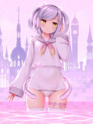 Rule 34 | 1girl, gluteal fold, headphones, highres, looking at viewer, old school swimsuit, one-piece swimsuit, original, purple hair, purple one-piece swimsuit, sailor collar, sasaame, school swimsuit, school uniform, serafuku, short hair, solo, standing, swept bangs, swimsuit, swimsuit under clothes, symbol-shaped pupils, thighhighs, two side up, water, white one-piece swimsuit, yellow eyes