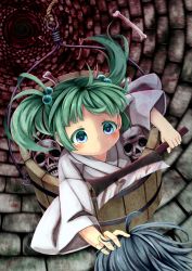 Rule 34 | 1girl, blood, blood splatter, blue eyes, bone, bucket, commentary request, expressionless, from above, green hair, hair bobbles, hair ornament, hatchet, highres, holding hatchet, holding head, in bucket, in container, japanese clothes, kimono, kisume, long sleeves, nata (tool), rope, skull, solo, tomo takino, touhou, twintails, well, white kimono