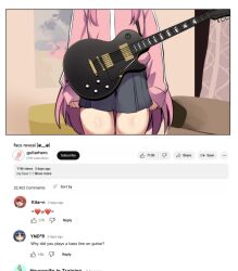 Rule 34 | 1other, absurdres, bocchi the rock!, commentary, davie504, electric guitar, english commentary, english text, fake screenshot, gibson les paul, gotoh hitori, grey skirt, guitar, hair between eyes, head out of frame, highres, hinghoi, instrument, jacket, kita ikuyo, long hair, long sleeves, mole, mole under eye, parody, pink hair, pink jacket, pleated skirt, side ponytail, sidelocks, skirt, thighs, track jacket, very long hair, yamada ryo, youtube