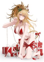 1girl absurdres alternate_costume animal_ears arknights bare_shoulders barefoot bikini blonde_hair box christmas_present closed_mouth commentary dlnk fake_antlers feet gift gift_box highres leg_ribbon legs lion_ears lion_girl lion_tail open_mouth paw_pose red_bikini ribbon santa_bikini seiza siege_(arknights) simple_background sitting smile solo stomach swimsuit tail toes white_background yellow_eyes