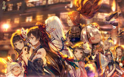 Rule 34 | 3boys, 6+girls, black hair, blunt bangs, building, character request, crying, detached sleeves, eating, flower, flying, from side, hair flower, hair ornament, horns, japanese clothes, kimono, long hair, looking at another, mask, mask on head, multiple boys, multiple girls, onmyoji, open mouth, pink lips, say hana, single horn, smile, spider lily, tattoo, tears, very long hair, walking, white hair, wide sleeves, wings, yuki onna (onmyoji)